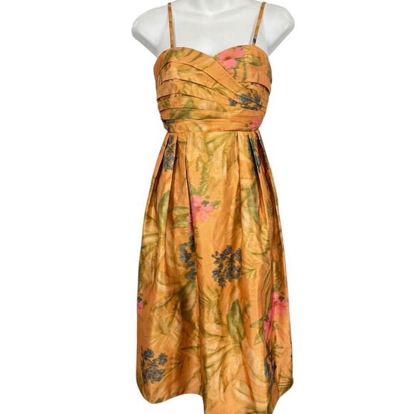 James Coviello Anthropologie Pleated Ruched Sweetheart Orange Floral Dress sz 0 - Picture 1 of 16
